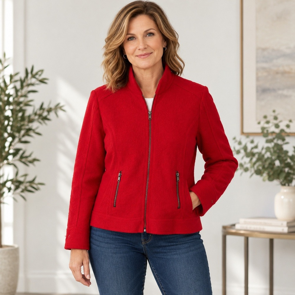 Relativity 100% Wool Jacket Womens 8P Red Petite Full Zip Lined Pockets